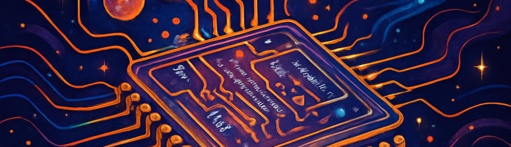 A microchip with glowing orange circuits extending into a cosmic background with planets and galaxies